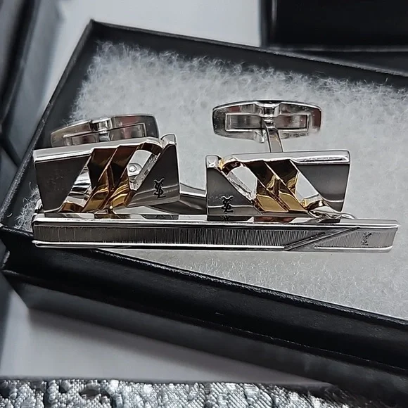 Yves Saint Laurent Gold and Silver Tie Bar and Cuff Link Set - Picture 1 of 5